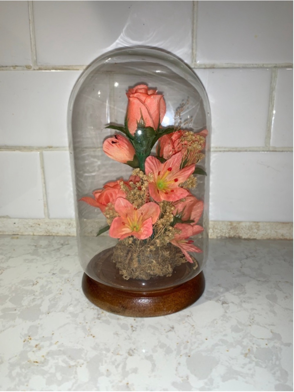 Unbranded Faux Florals Peach & Green Flowers in Glass Dome One Size